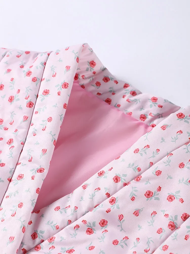 Damska gruba, ciepła parka na jesień i zimę 2025, nowa, luźna, z kwiatowym nadrukiem, sznurowana, pikowana kurtka damska z dekoltem w serek i długimi rękawami.