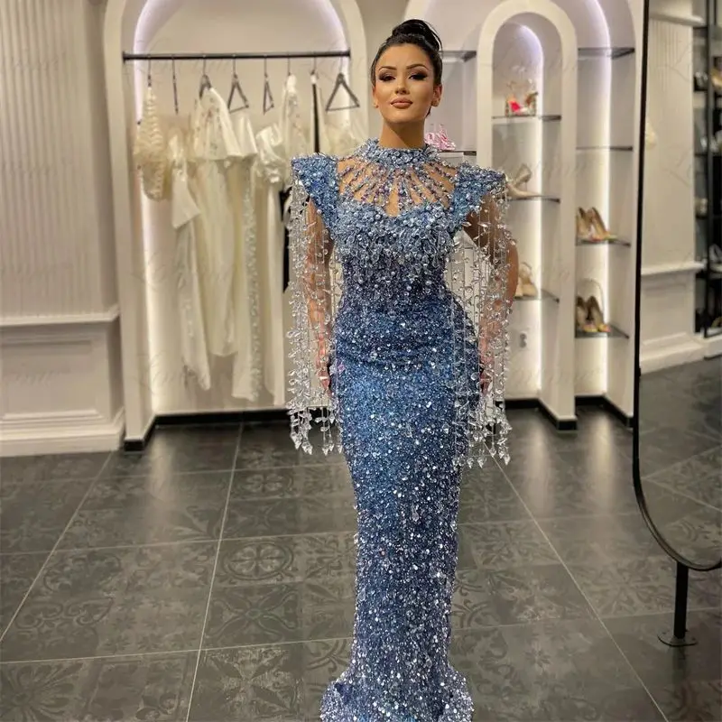 

Luxury Heavy Tassel Crystals Prom Dress Blue Celebrity Dresses Women Evening Gowns Robe Beaded Mermaid Party Dress Customized
