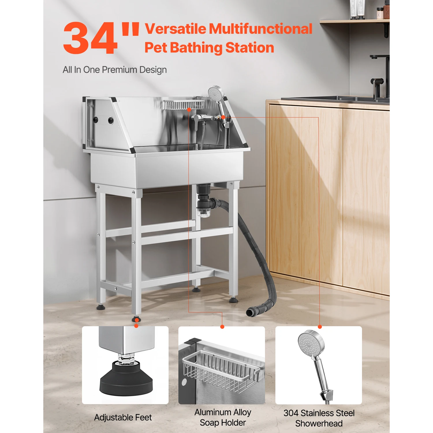 VEVOR 34In Stainless Steel Dog Washing Station with Hot&Cold Faucet Showerhead Storage Rack No-Bend Fits Small Cats and Dogs