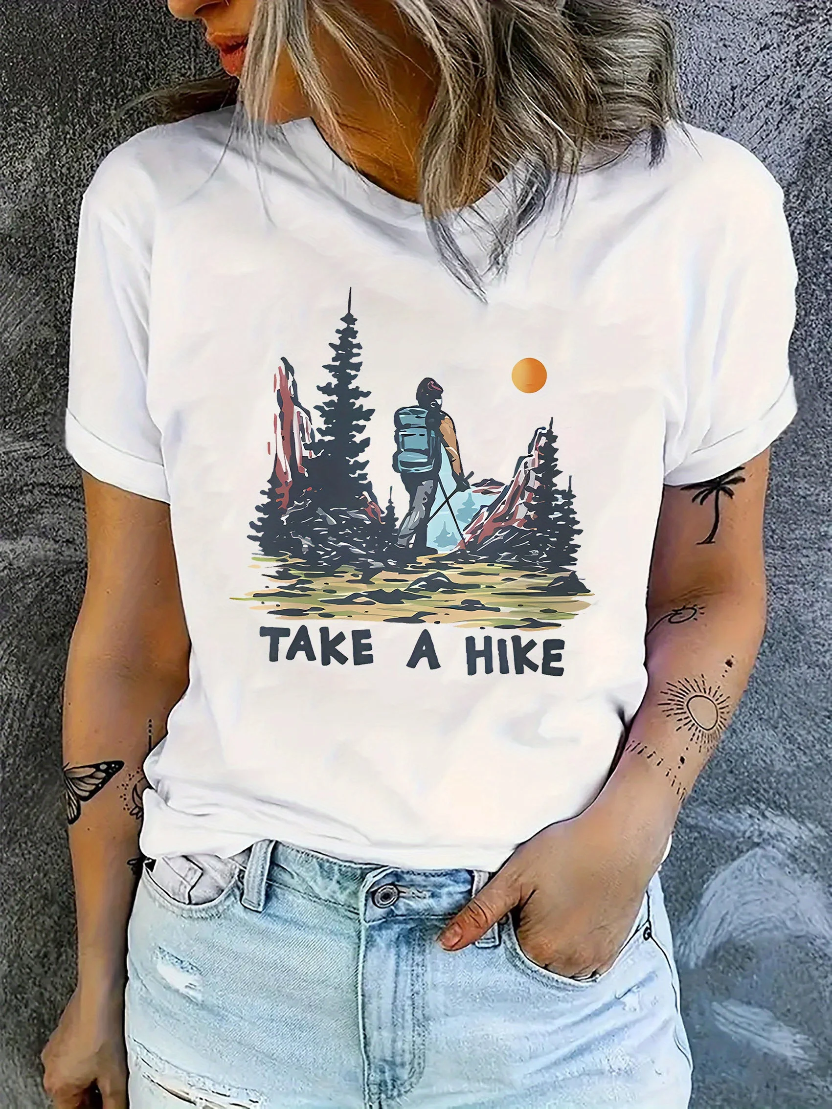 تي شيرت نسائي كاجوال برسومات Hiker بأكمام قصيرة Harajuku ملابس كاجوال بأكمام قصيرة ملابس علوية للشارع ملابس جمالية