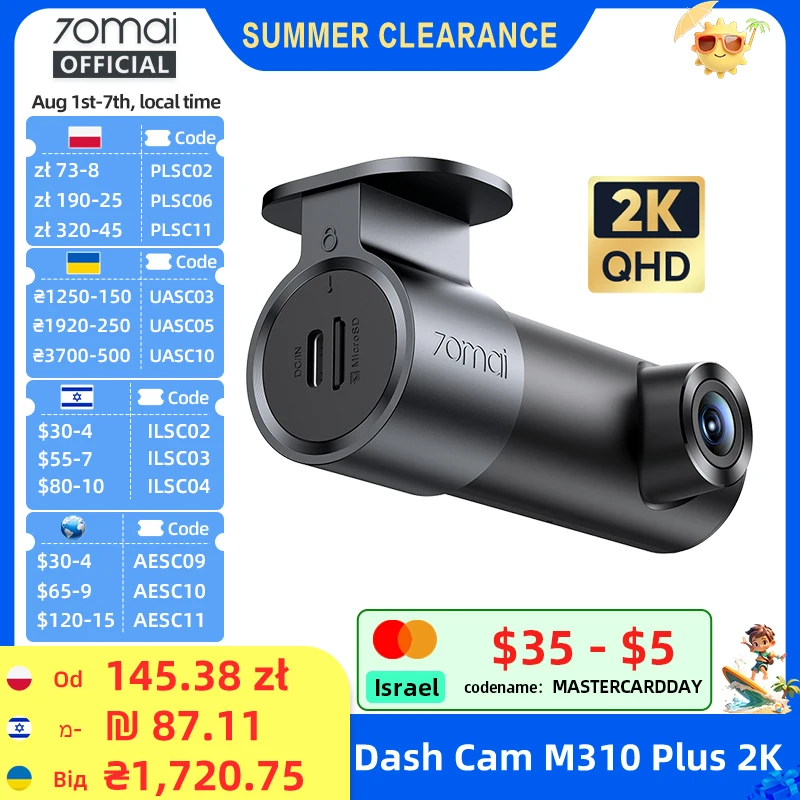 70mai ダッシュカム M310 Plus 2K 英語音声コントロール 1440P WDR ナイトビジョン 24時間駐車監視 70mai M310 2K カーDVR Wi-Fi 6