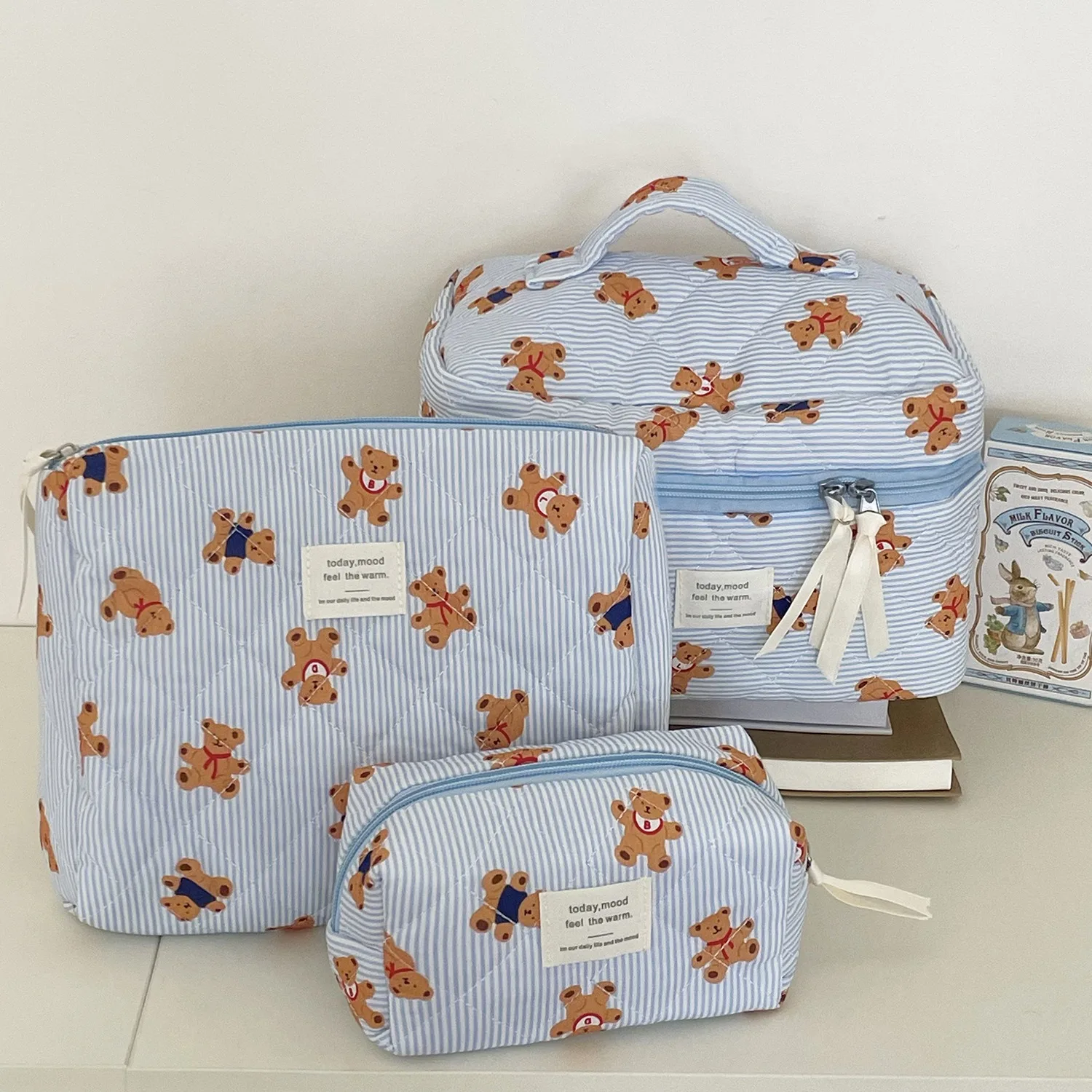Cross-border blue striped bear cosmetic bag cartoon girl heart going out portable large capacity quilted wash storage bag