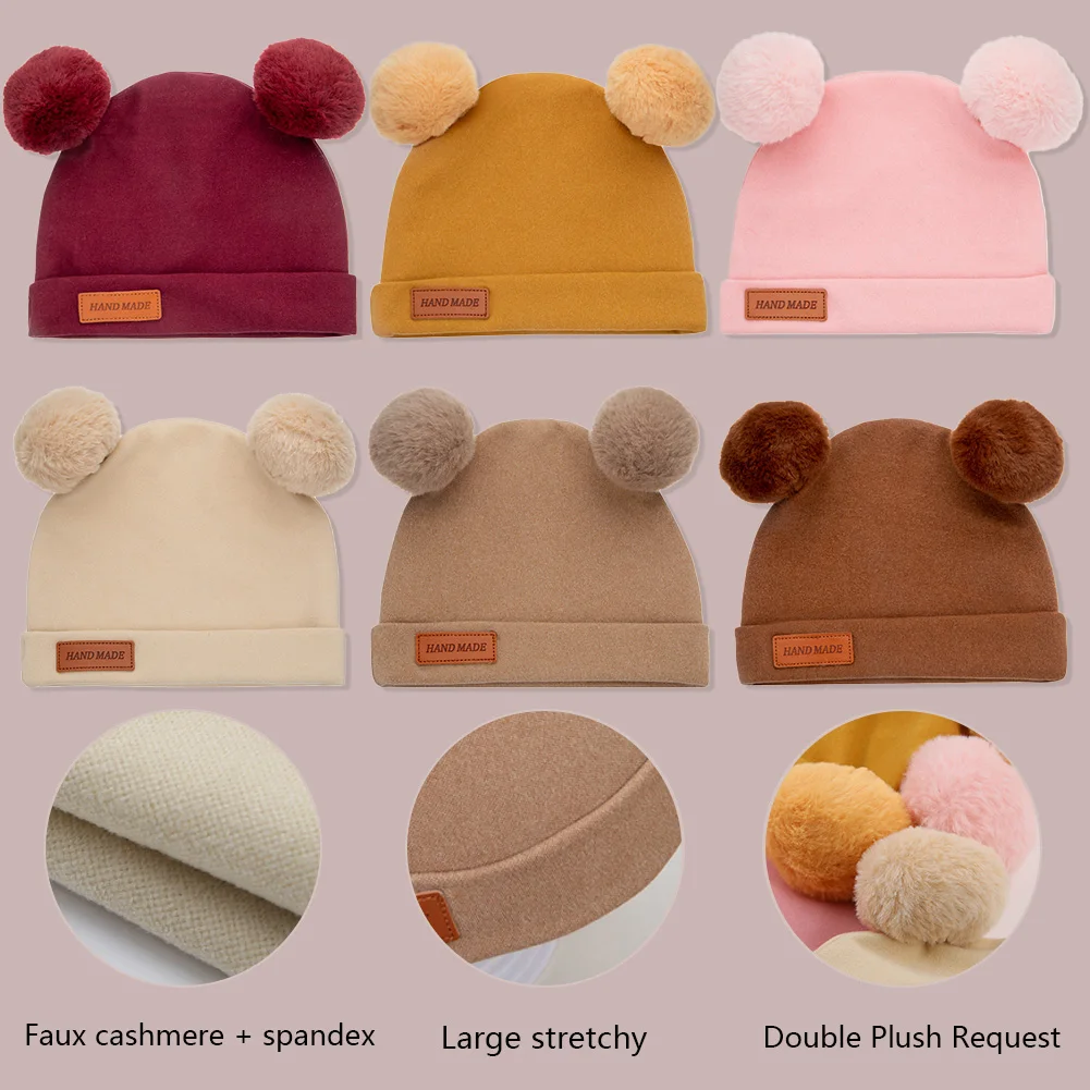 Double Faux Fur Cashmere Baby Hats Pompom Leather Tag Winter Beanies Caps Solid Headwraps Headwear Cute Kids Hair Accessories