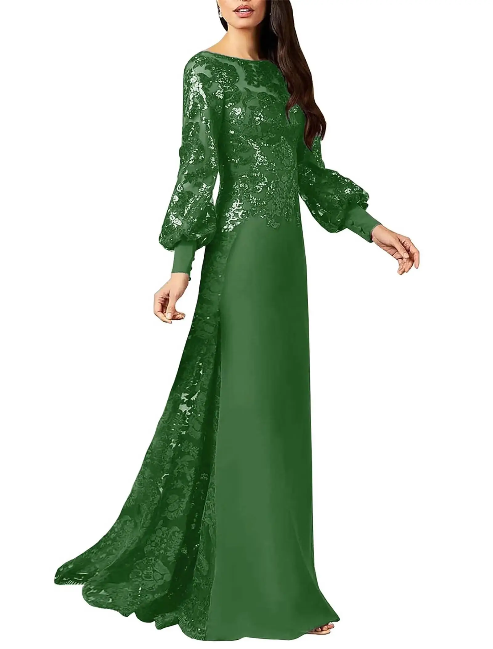 Sukienki dla mamy panny młodej na wesele z dekoltem łódkowym, cekinami, koronkowymi aplikacjami, długimi rękawami, w kształcie litery A, na studniówkę i wieczorowe.