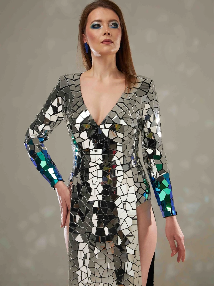 Silver and Scarab Mirror Slit Women Dress Long Evening Two-Tone Sequin Gown Festival Stage Performance Costume