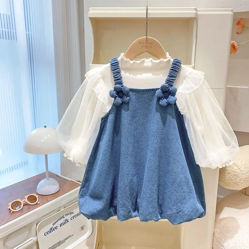 Girls Spring and Autumn Set 2024 New Baby Fashionable Top Korean Children\'s Denim Skirt Two Piece Set Kids Clothing