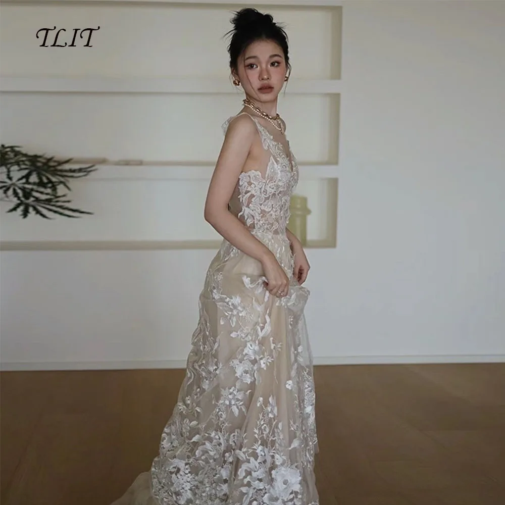 TLIT Elegant Appliques Crystal Lace Evening Dresses Spaghetti Strap V-Neck Prom Gowns 이브닝 드레스 Customized Corset Gowns