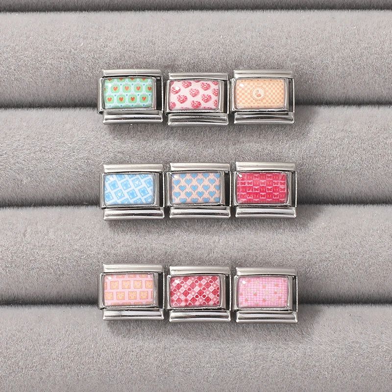 Y2K Colorful Checkered Strawberry Cherry Butterfly Eye Italian Charm Links Fit 9mm Bracelet Stainless Steel DIY Making Gifts