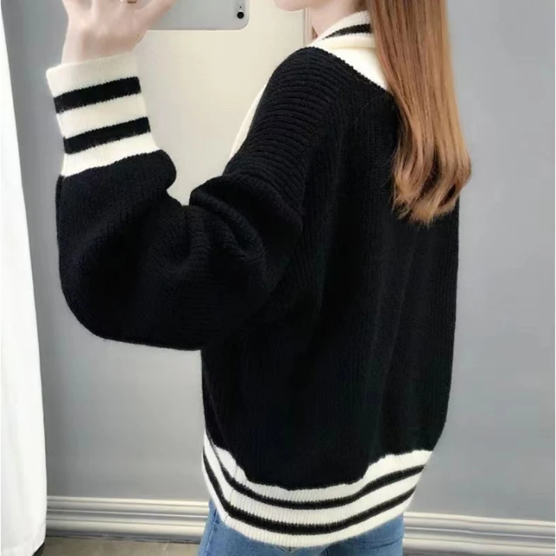 Patchwork Sweater Women Knitted Loose Elegant Black White Fashion Cardigan Lazy Strip V-neck Long Sleevekorean Female Jumpers