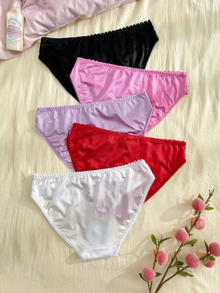 

5pcs Womens Comfortable Bikini Panties Solid Color Lace Trim