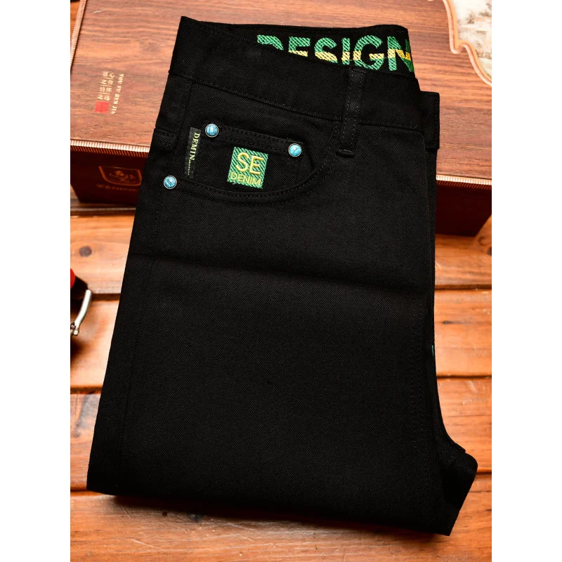 

2025Осенние модные простые черные джинсы для мужчин, модный дизайн с вышивкой и принтом, эластичные узкие брюки в корейском стиле