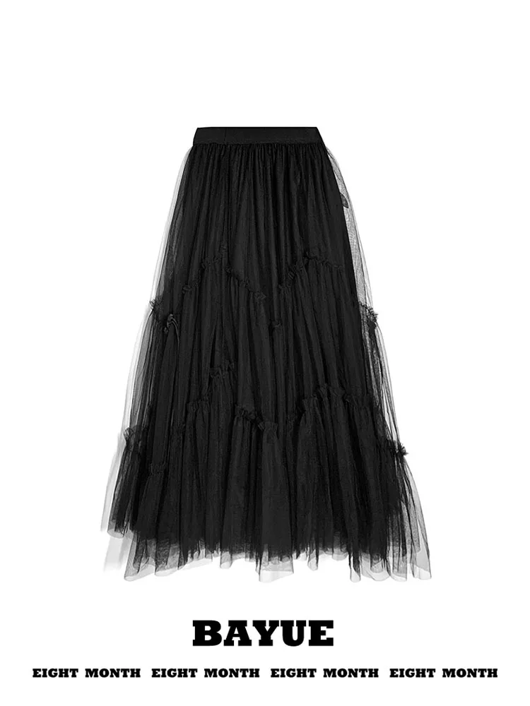 Dark Style Versatile Black Skirt Elastic Waist Long Net Heavy Work Multi-Layer Half Body Skirt City Commute Ladies Standard Fit