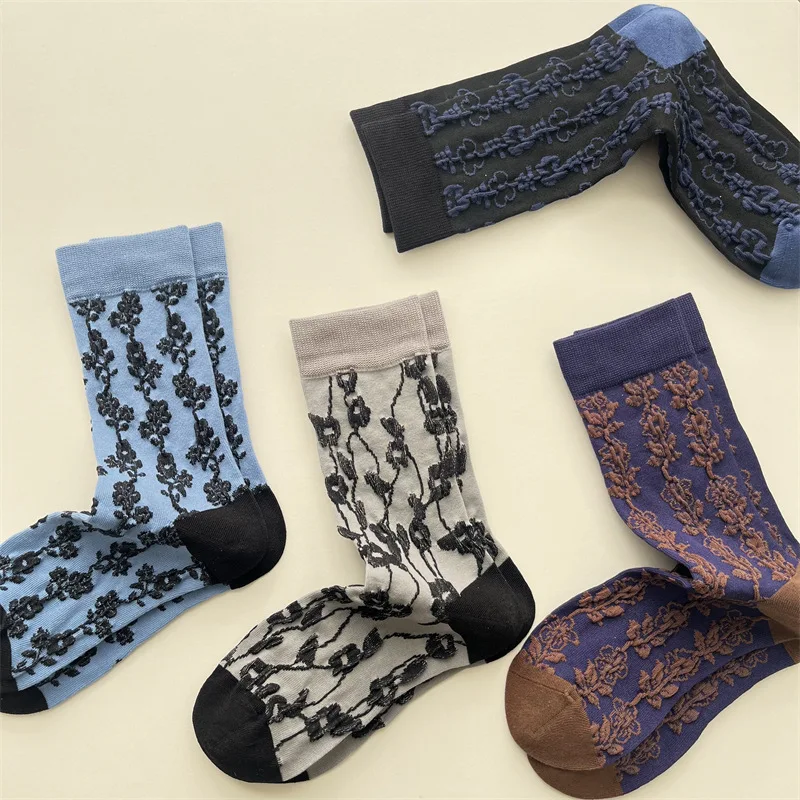 Women Socks Spring Summer Cotton Raised Floral Crew Casual Sock