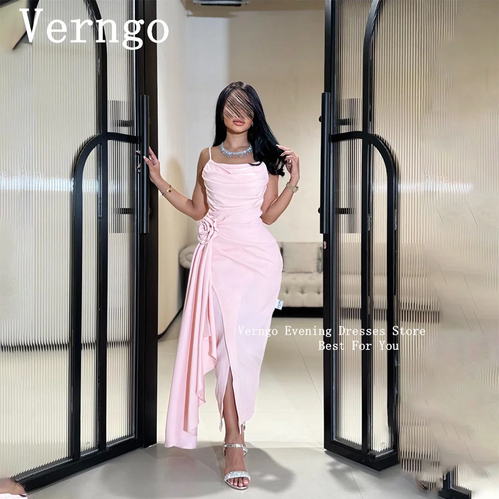 

Verngo Pink Crepe Prom Gown Draped Train Floor Length Party Dress For Women Spaghetti Straps Pleat Saudi Arabic Evening Dress