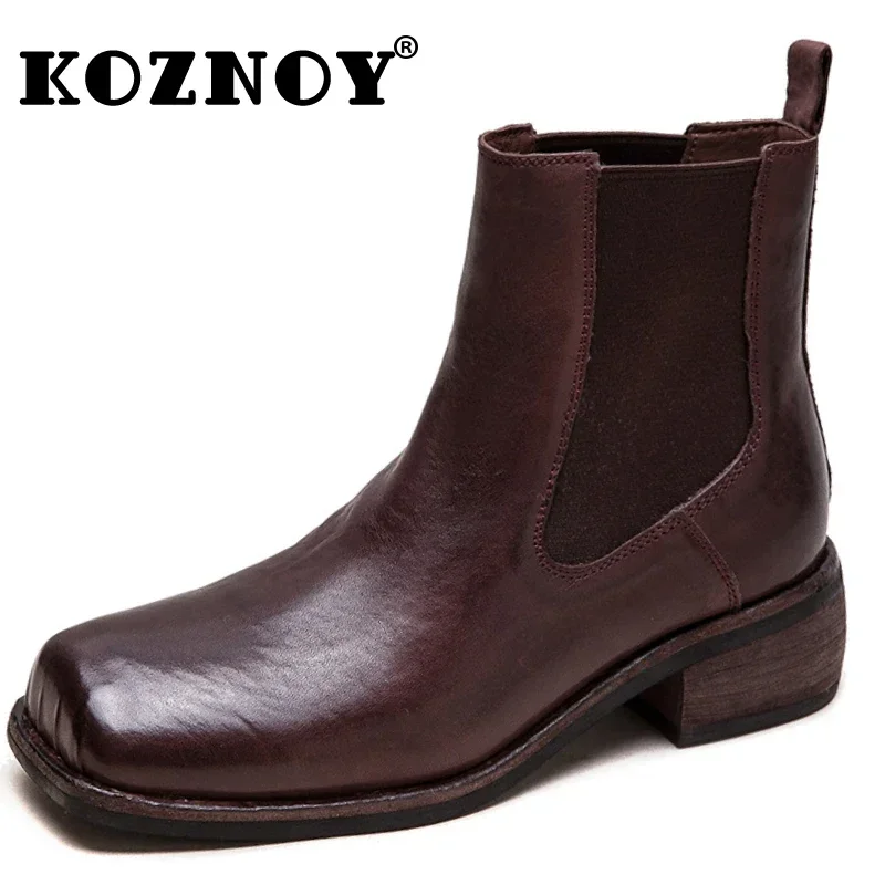 Koznoy 4.5cm British Cow Genuine Leather Booties Chelsea Spring Fashion Chimney Ankle Wedge Round Toe Boot Women Autumn Shoes