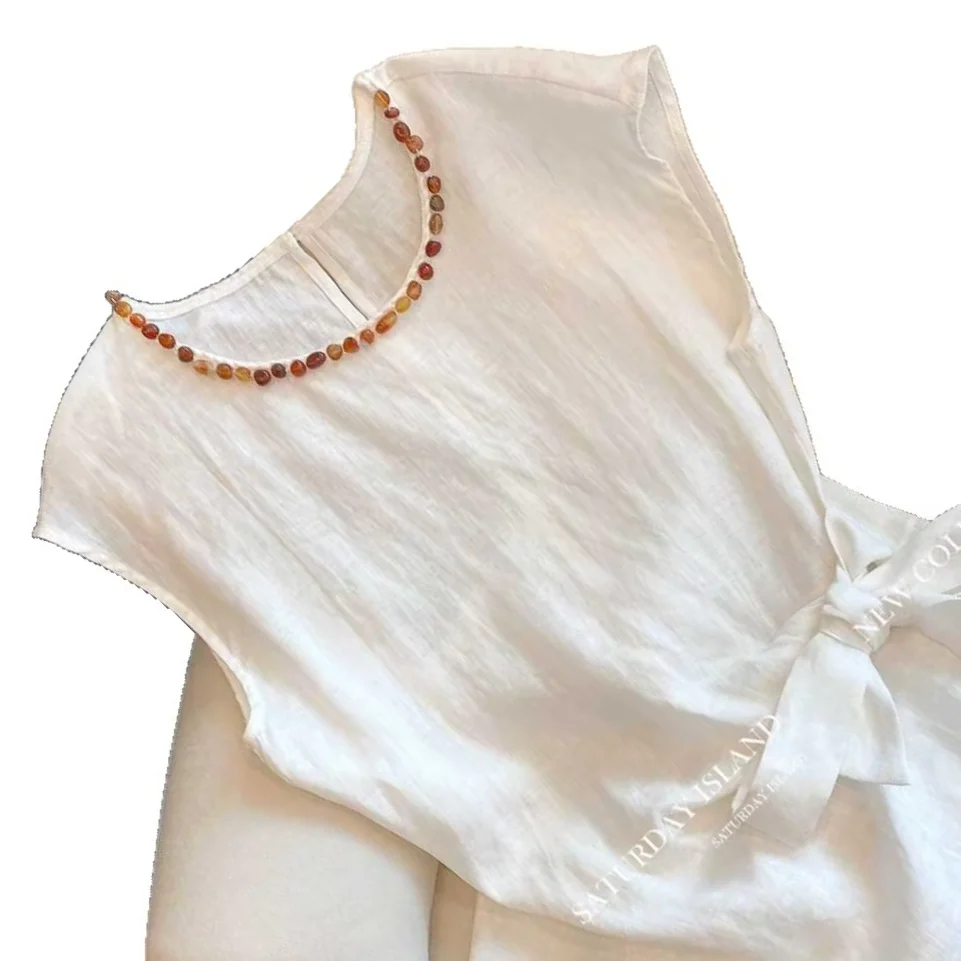 Large Size Women's Clothing Summer New Solid Color Wind Strap Waist Thin Beaded Splicing Round Neck Sleeveless Vest