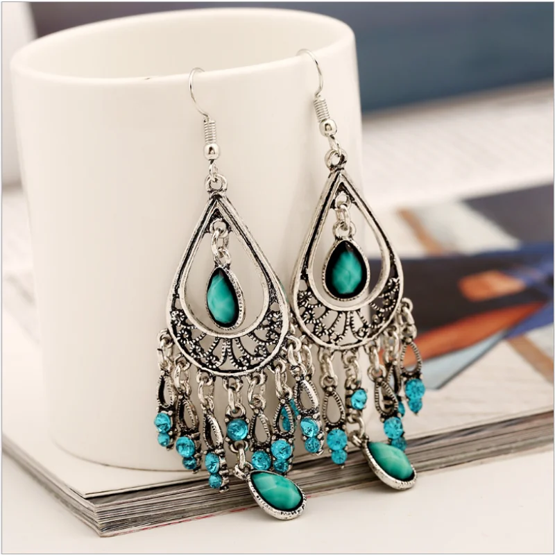Bohemian Ethnic Style Antique Silver Color Alloy Hollow Acrylic Resin Gems Water Droplet Tassel Earrings Women Vacation Jewelry