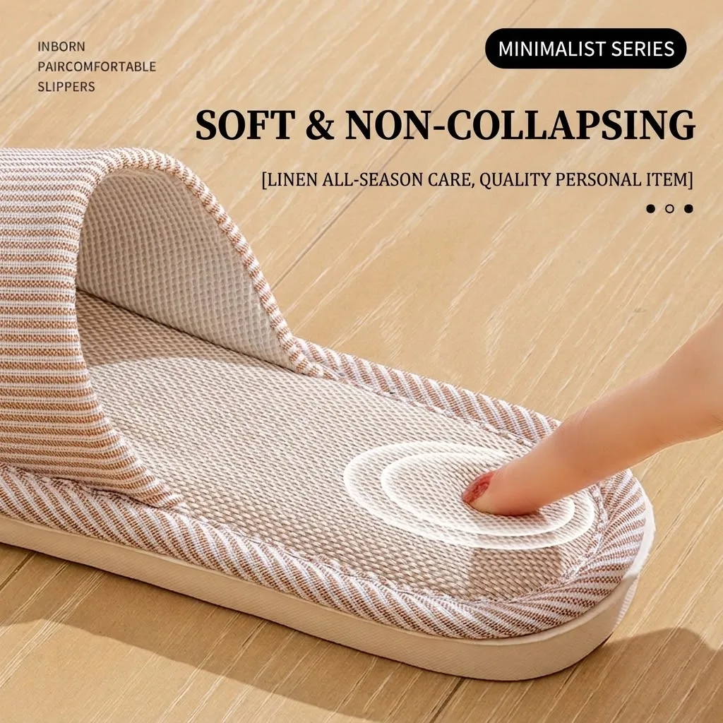 Breathable Flax Linen Slippers Women Men Striped Open Toe Indoor Slides Non-Slip Soft Sole Sweat Absorbing Home Floor House Shoe - view 4