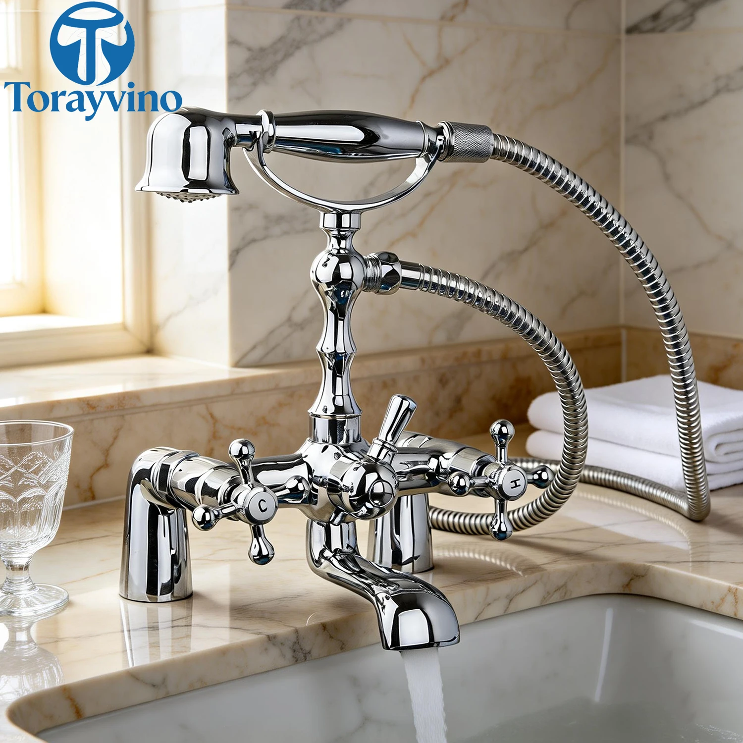 Torayvino Antique Brass Deck Mounted Dual Handles Chrome Polish Gold Plate Shower Bathroom Basin Sink Bathtub Tap Mixer Faucet
