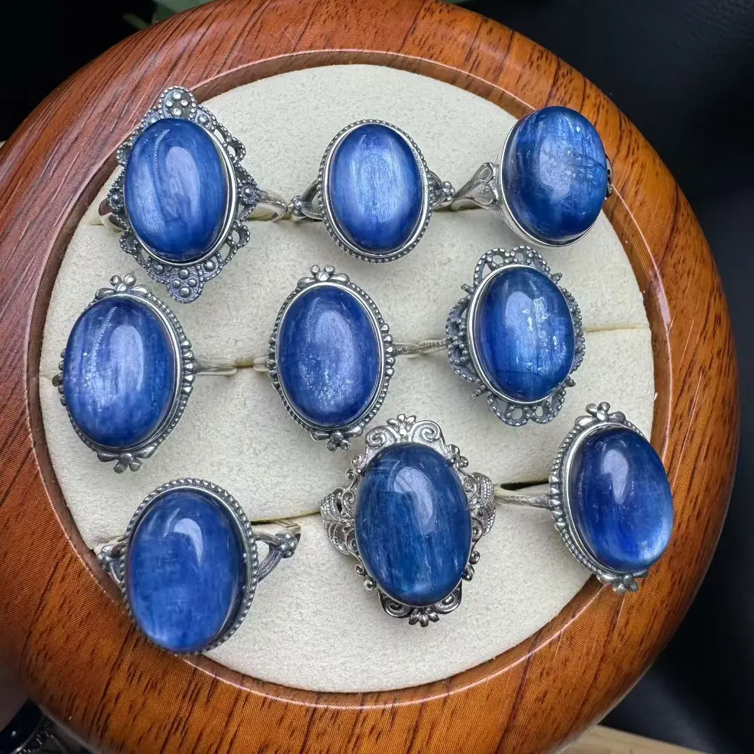 

1 Pc Fengbaowu Natural Kyanite Ring Oval Cabochon 925 Sterling Silver Reiki Healing Stone Jewelry Gift For Women