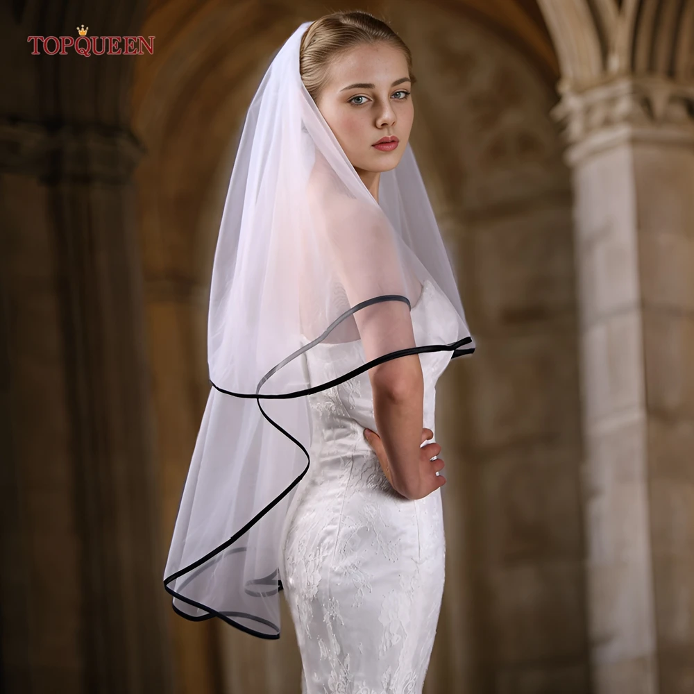 TOPQUEEN Bridal Simple Black Line Ribbon Border Veil Double Short Soft Tulle Ivory Wedding Accessories Complementos De Boda V214