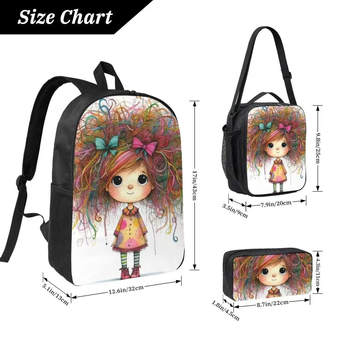 Whimsy Colorful Hair Girl Design Backpack Kids BookBag School Bag Computer Shoulder Bags 3ps Insulated Lunch Bag Pencil Case
