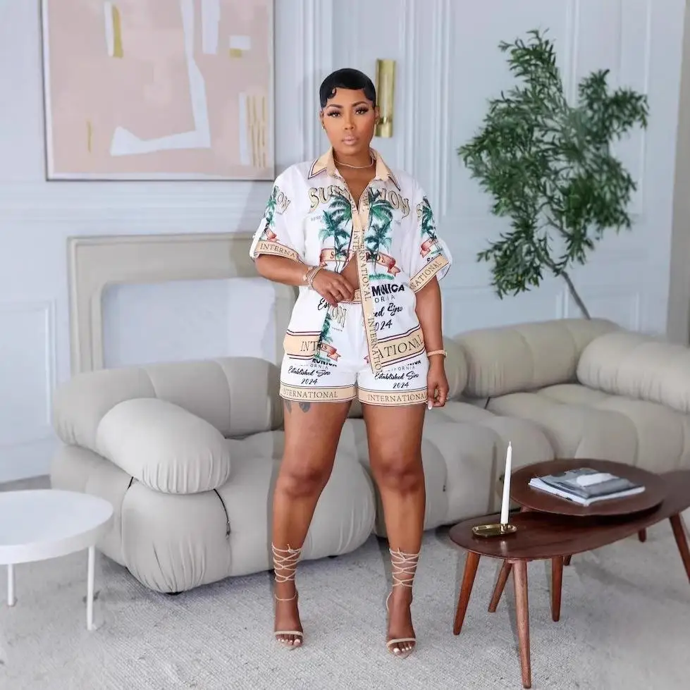 

Женский комплект из двух предметов: футболка с тропическим принтом и шорты, модная летняя одежда, футболка с коротким рукавом для зимнего сезона