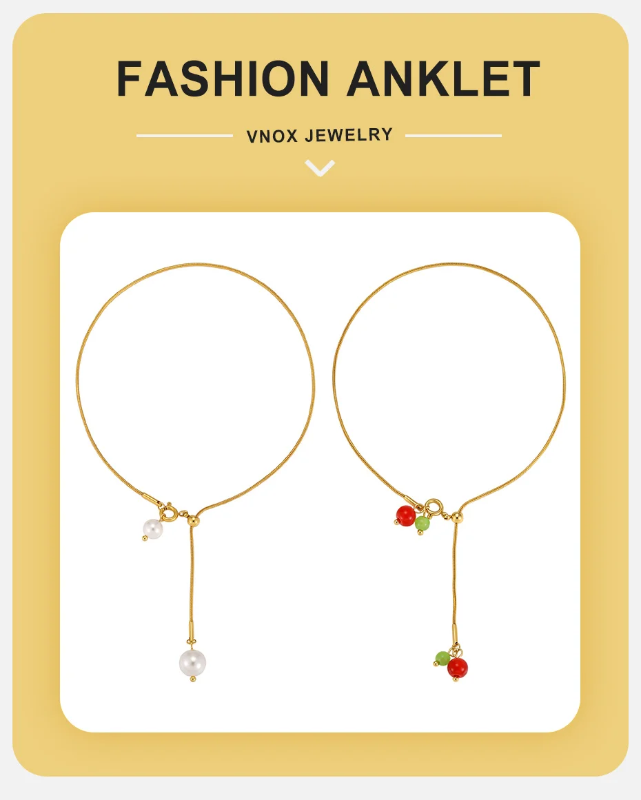 Vnox Exquisites Edelstahl-Kirschanhänger-Fußkettchen für Damen, vergoldet, Y-Form, Imitationsperlen-Schlangenkette, Fußschmuck für den Strand. – Detail 1