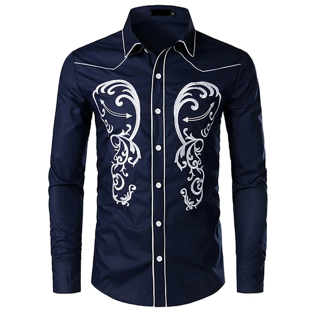 Western Style Print Men\'s Shirts Casual Single-Breasted Blouses Long Sleeve Shirt Streetwear Lapel Tops Trend Tops Men Clothing