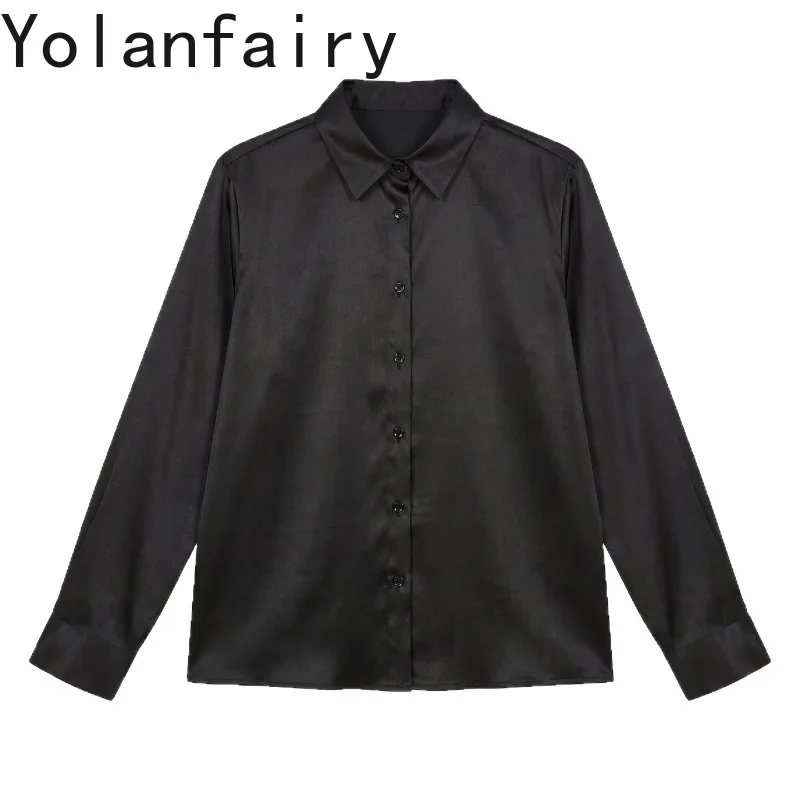 

YOLANFAIRY 93% Real Mulberry Silk Shirts Women High Quality Watered Gauze Blouses Woman Elegant Spring Long Sleeve Black Shirt