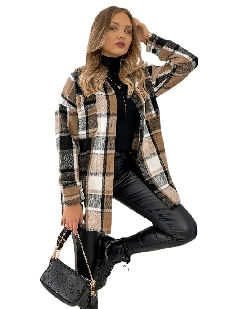 Latest Popular Fashion Women\'s New Long Sleeved Single Breasted Checkered Printed Shirt Collar Women\'s Wool Jacket