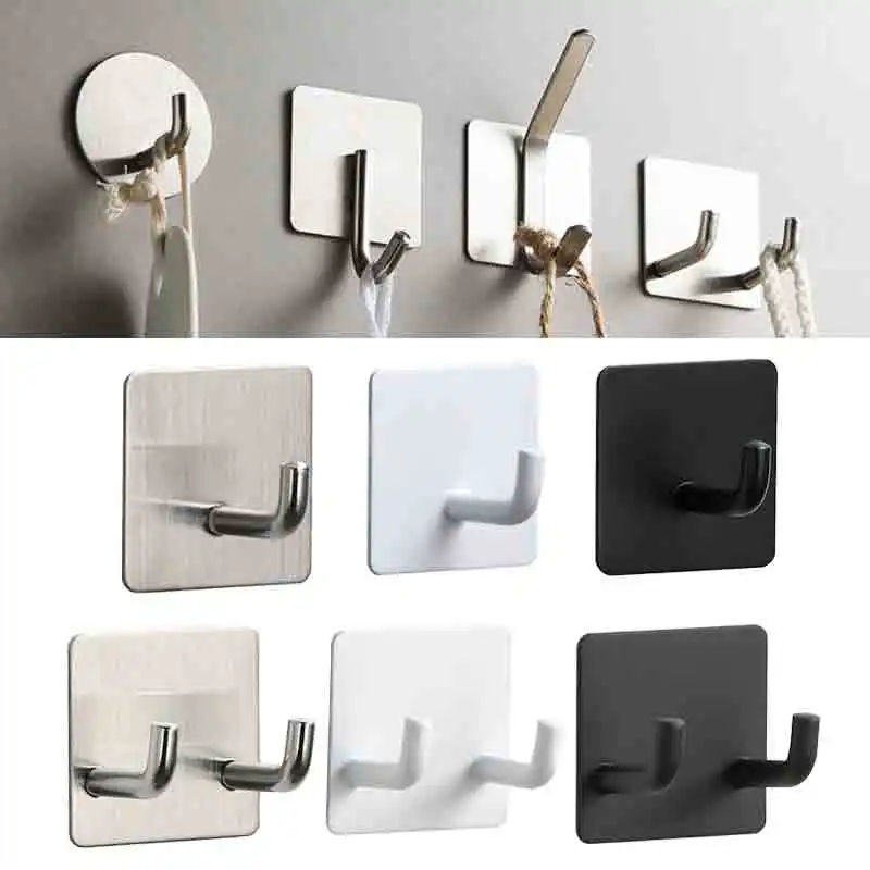 

Stainless Steel Hook Household Kitchen Wall Hang-free Punch Hook Bathroom Waterproof Strong Adhesive Storage Storage Double Hook