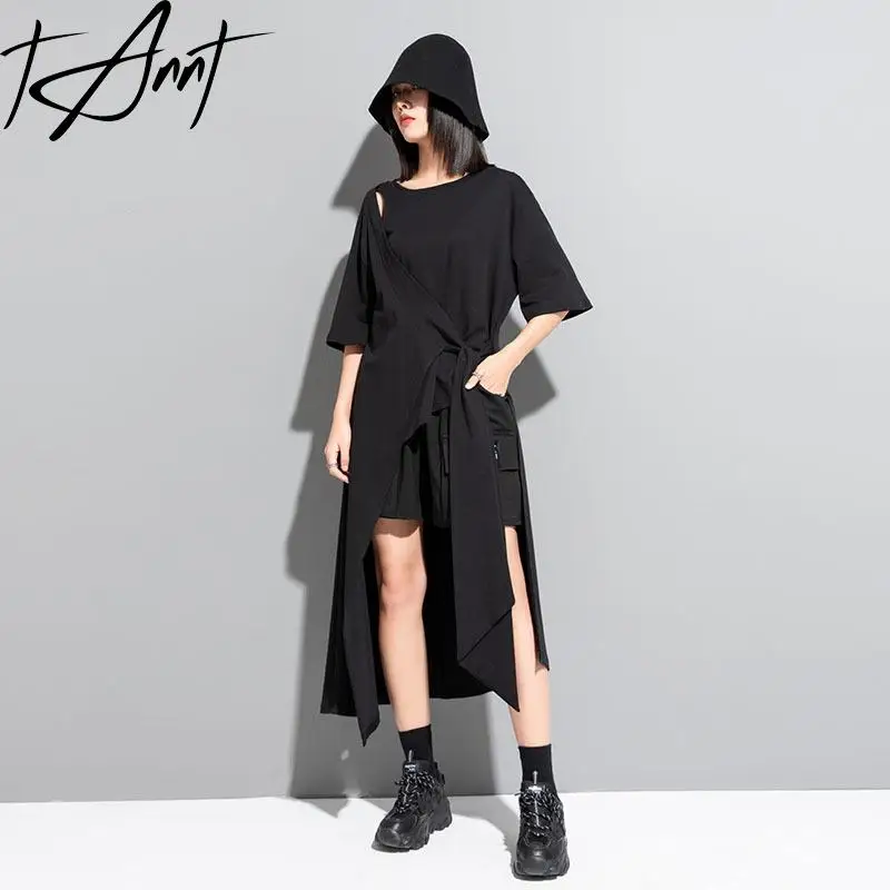 

GetSpring Women Dress 2024 Autumn Short Sleeved Fake Two Irregular T Shirt Dress Fashion All Match Loose Casual Long Dresses New