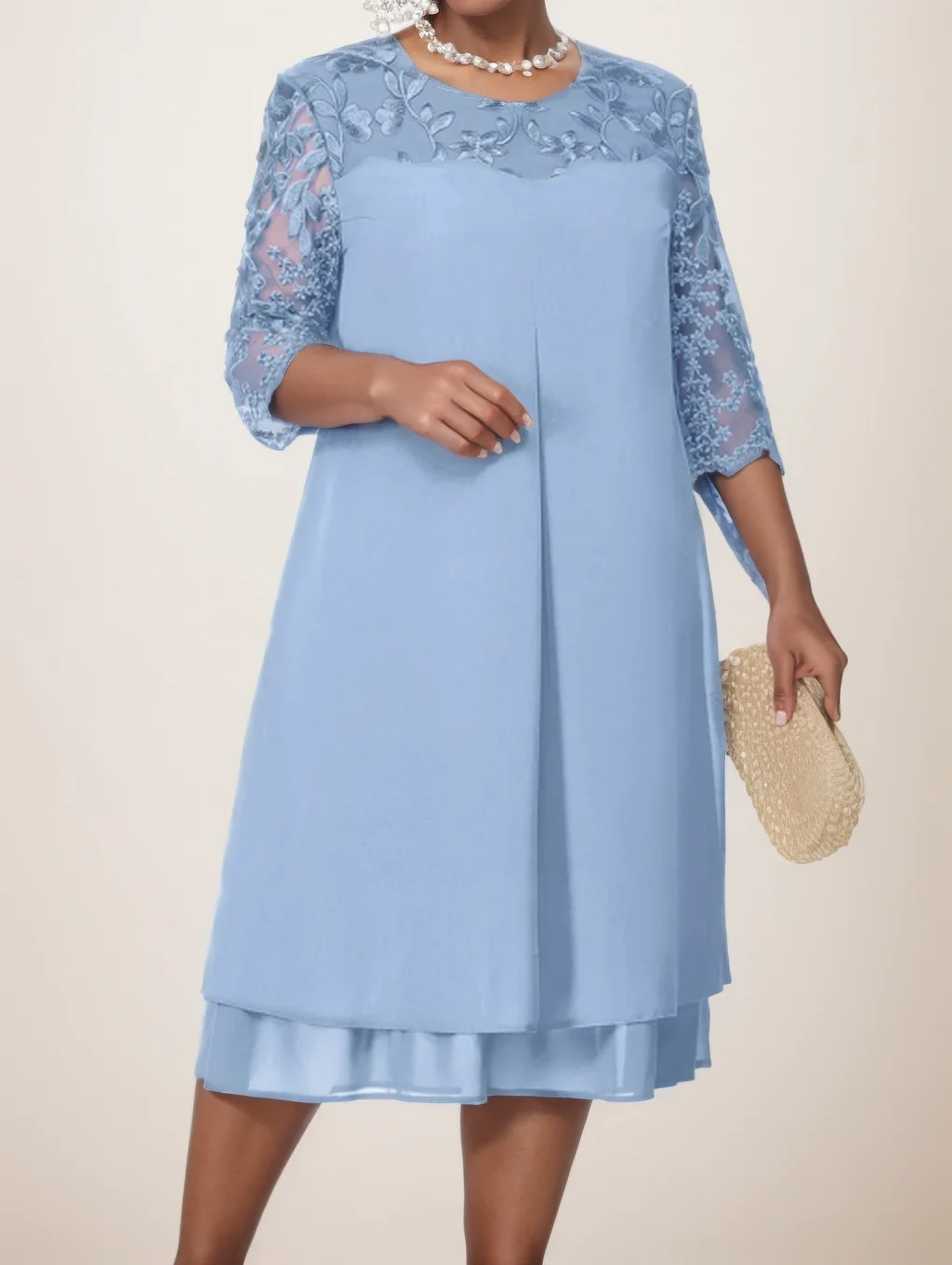 Vestido de Noite Elegante com Mangas Meio Renda - Vestido Maxi Modesto de Chiffon para Convidada de Casamento/Mãe da Noiva