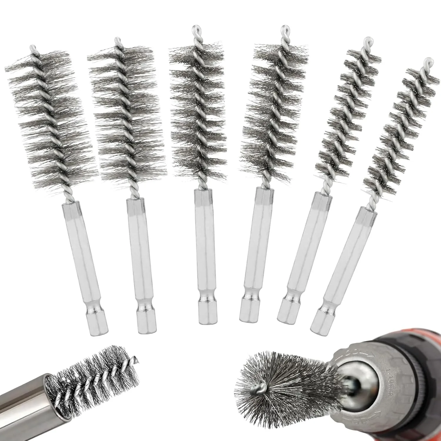 

Bore Brush 6 Pcs Stainless Steel with 1/4" Hex Shank Twisted Wire Bore Brushes,Tube Brush Set for Rust, 8, 10, 12, 15, 17, 19mm