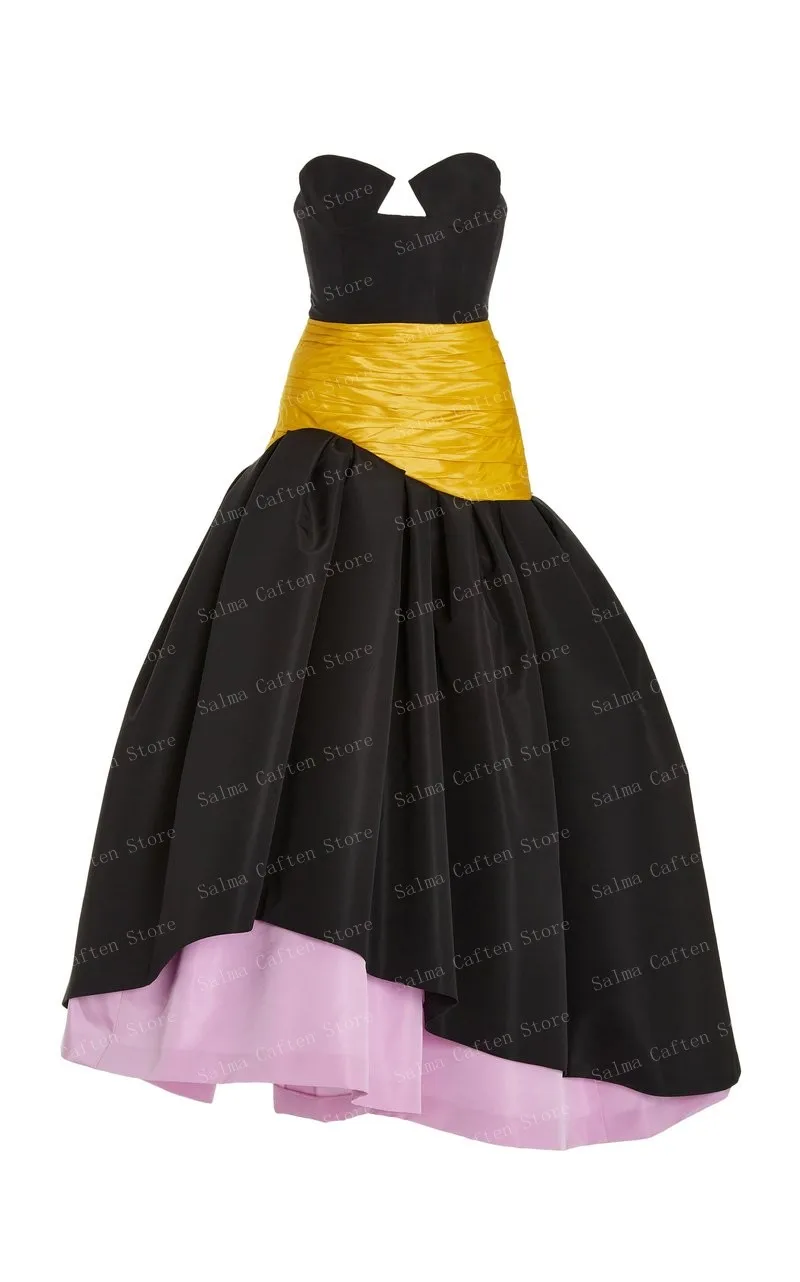 Strapless A-line Women Clothing Ankle Length Dresses For Women 2022 Open Back Black Satin Prom Dress With Zipper