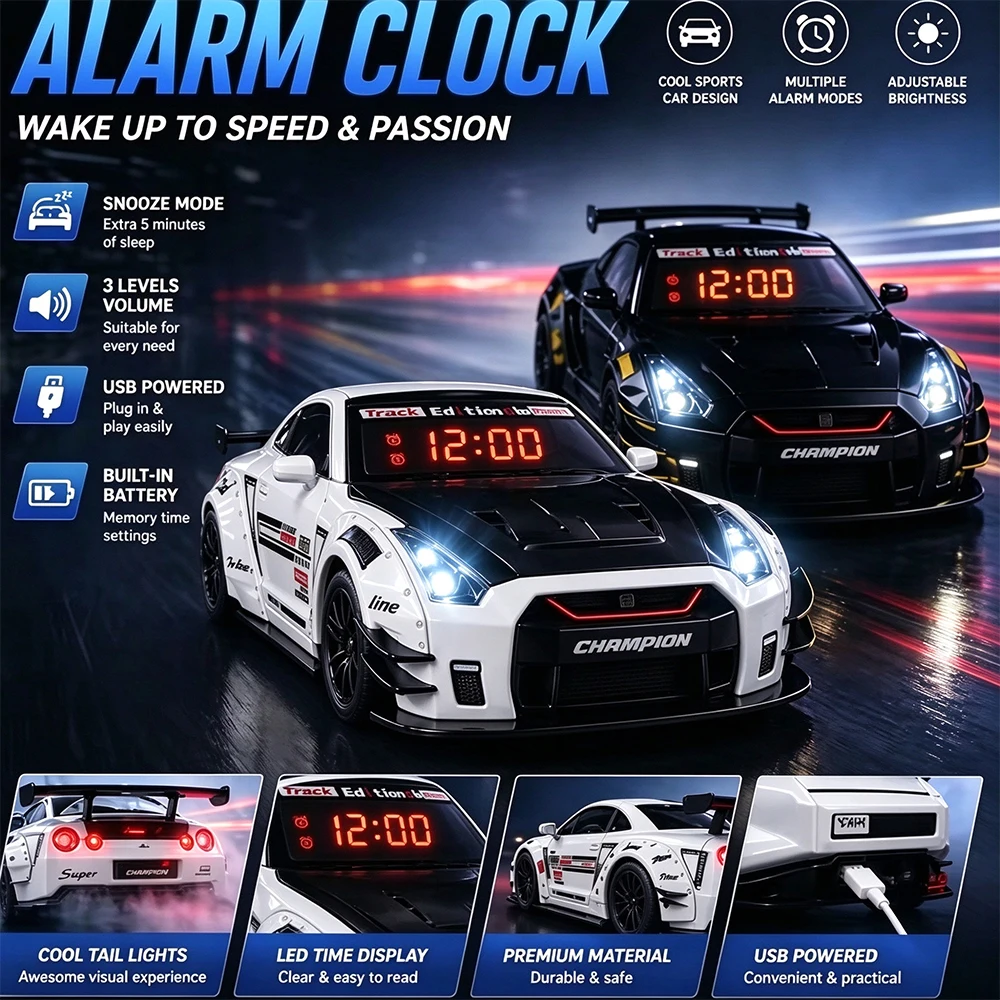 1Set Sports Hyper Car Alarm Clock, Realistic Engine Roar & Mist Spray Alarm Clock with Remote, LED Light Up Car Model Clock