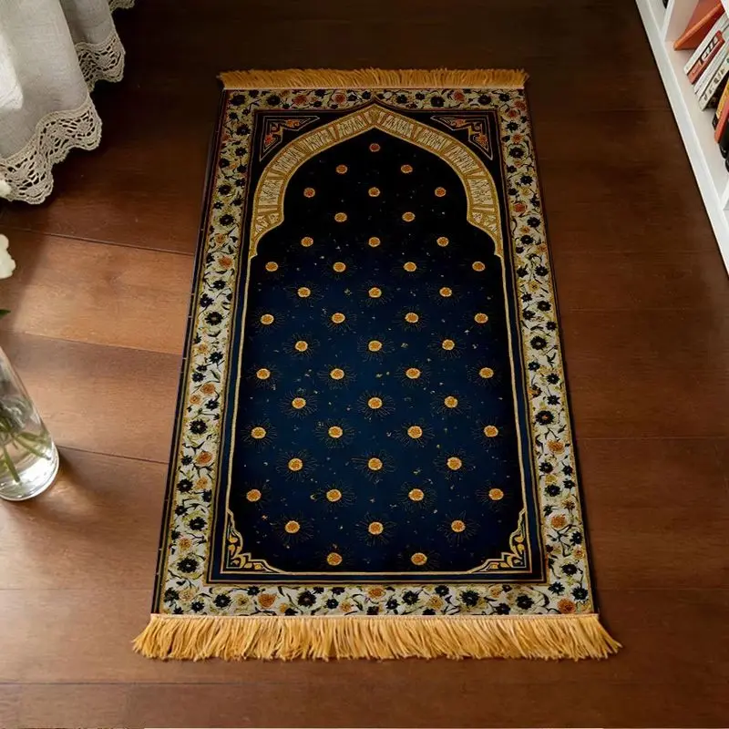 VIKAMA Fringed Navy Golden Floral Pattern Muslim Prayer Mat Arch Vintage Sajadah Rug Ramadan Eid Gift For Muslim Men Women