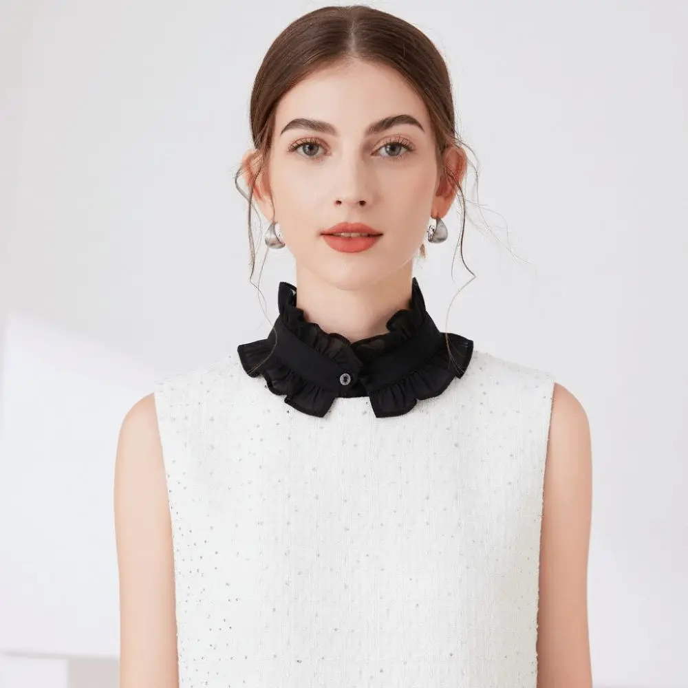 1 set French Style Fake Faux Collar Pleated Design Ruffled Edge Stand Collar Detachable Adjustable Feature Ruffled Sleeve