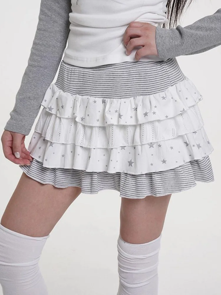 Japanischer Y2K Rüschen-Minirock für Damen, sexy gestreifter Patchwork-Tüllrock, Vintage Harajuku Sternenmuster, Damen Frühling Sommer Röcke