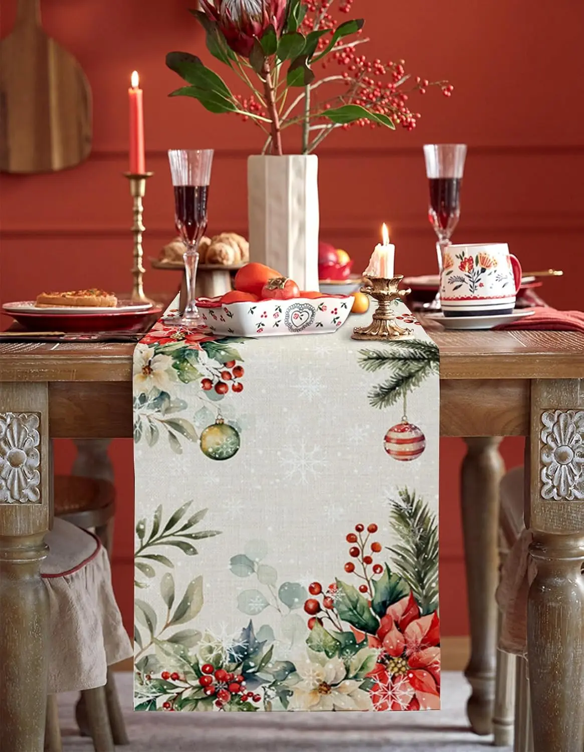 Christmas Poinsettia Flowers Wood Grain Linen Table Runner Dresser Scarves Winter Xmas Kitchen Table Runner Christmas Decoration