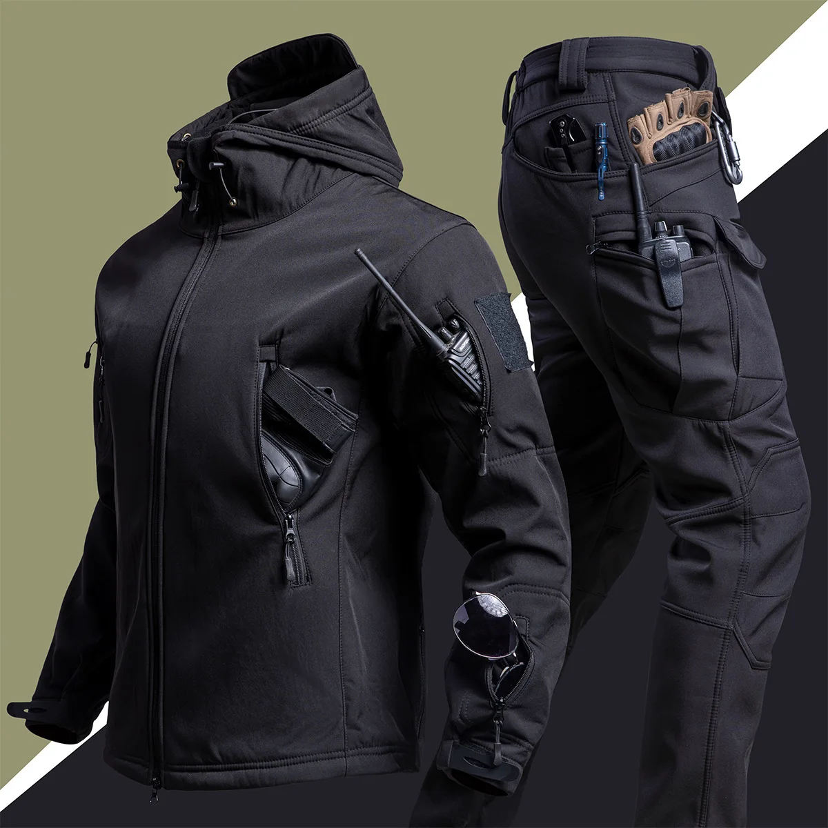 

5XL 6XL комплект из 2 предметов для мужчин, комплекты рабочих брюк, тактические тренировочные спортивные костюмы, зимняя байкерская куртка, водонепроницаемая верхняя одежда из технического флиса с карманами