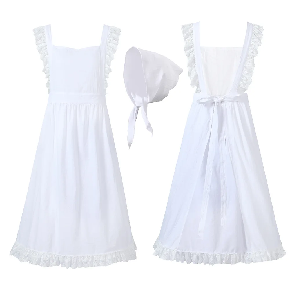 Umorden Literary Retro Lace Ruffle Long Apron Bonnet for Women Adult Pilgrim Girl Farm Village Pioneer Maid Costume Cotton Linen