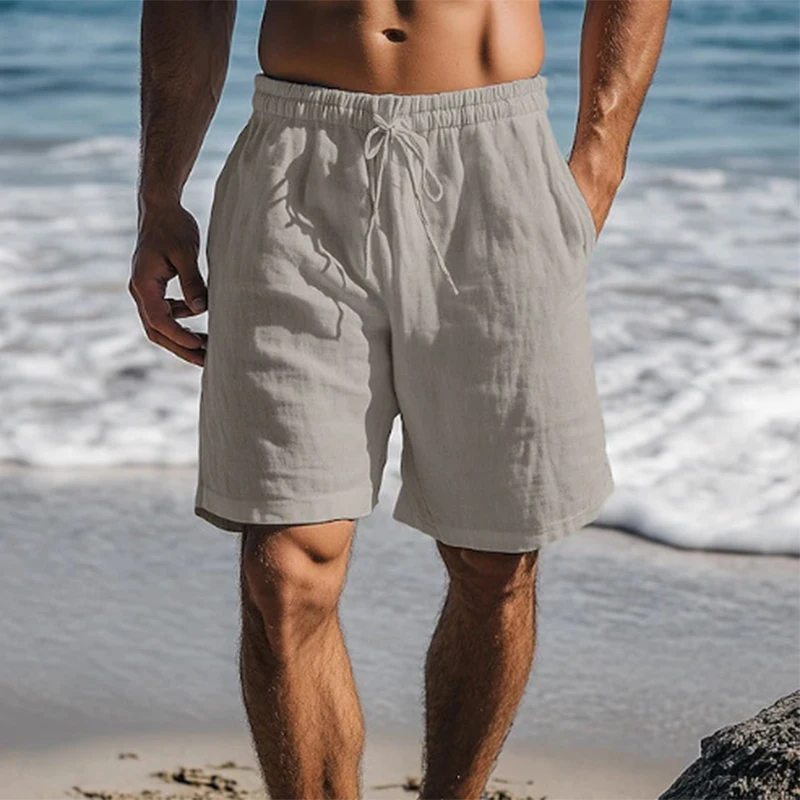 Vintage Solid Color Linen Shorts For Mens Spring Summer Casual Beach Shorts Leisure Loose Drawstring Lace-up Shorts Men Vacation