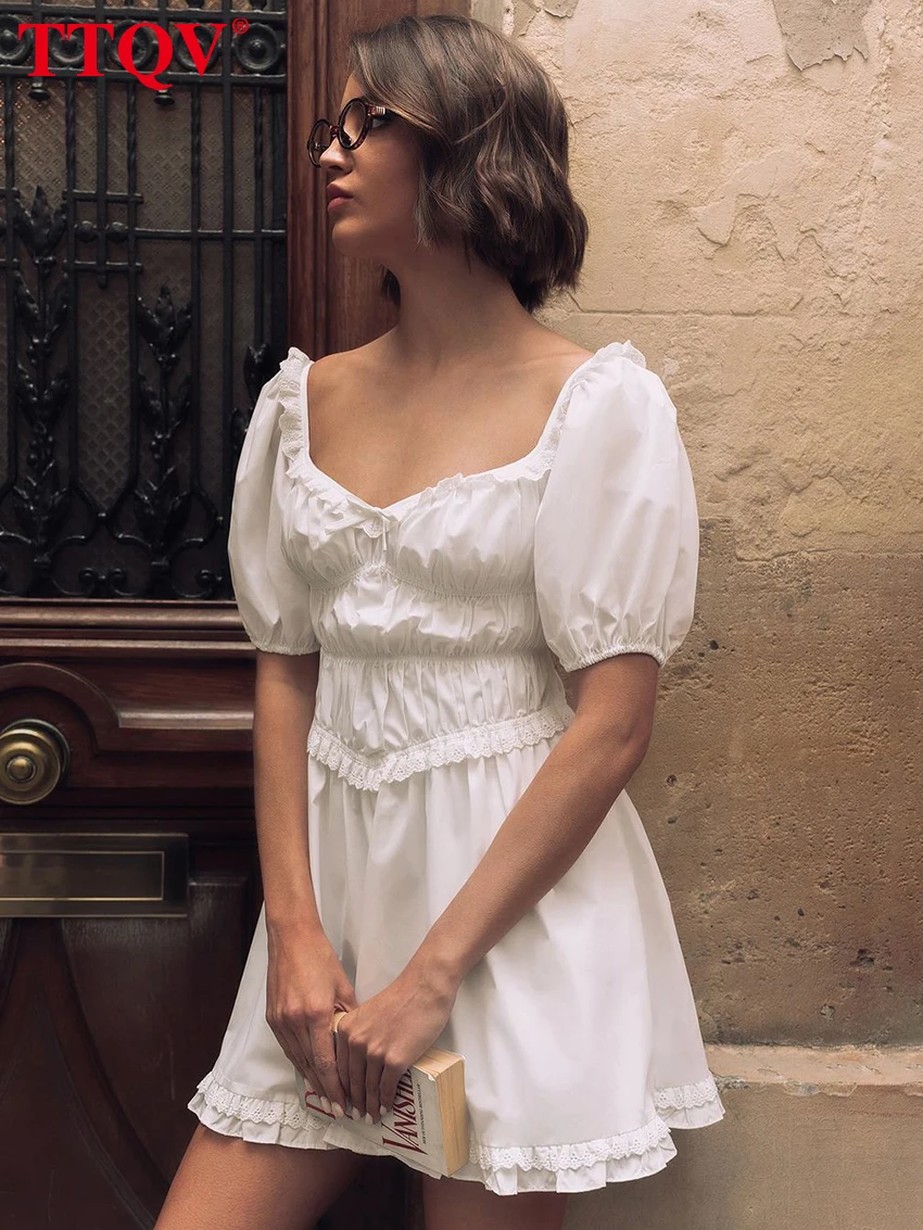 

Clacive Fashion Loose White Women's Dress 2026 Summer Square Collar Short Sleeve Mini Dresses Elegant Classic Solid Female Dress