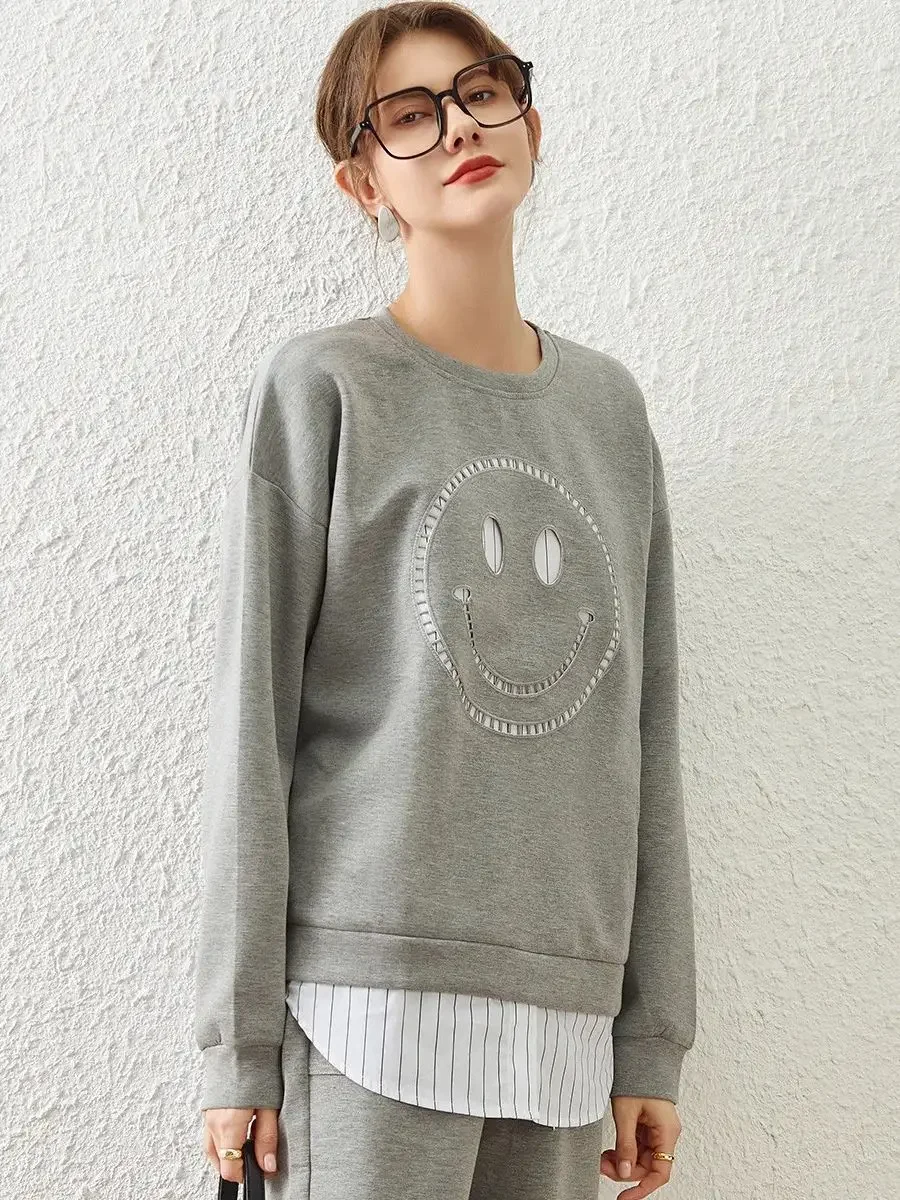 Louis Yao Vrouwen Sweatshirt Tweedelige Set 2024 Lente Ronde Hals Lange Mouw Nep Twee Stukken Casual Cropped Broek Set