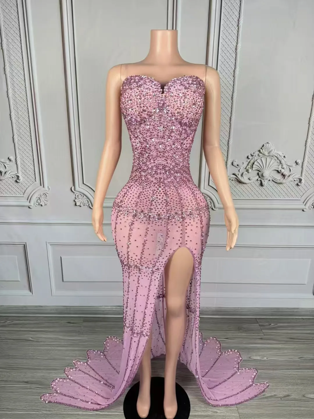 

African Mermaid Prom Dresses Mesh RhinestonesFlorals Evening Party Dresses Second EngagementBirthday Gowns Dress D284