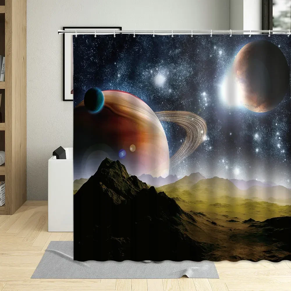 Golden Universe Starry Sky Shower Curtain 3D Dream Space Landscape Mountain Peak Water Surface Planetary Bathroom Curtains Sets