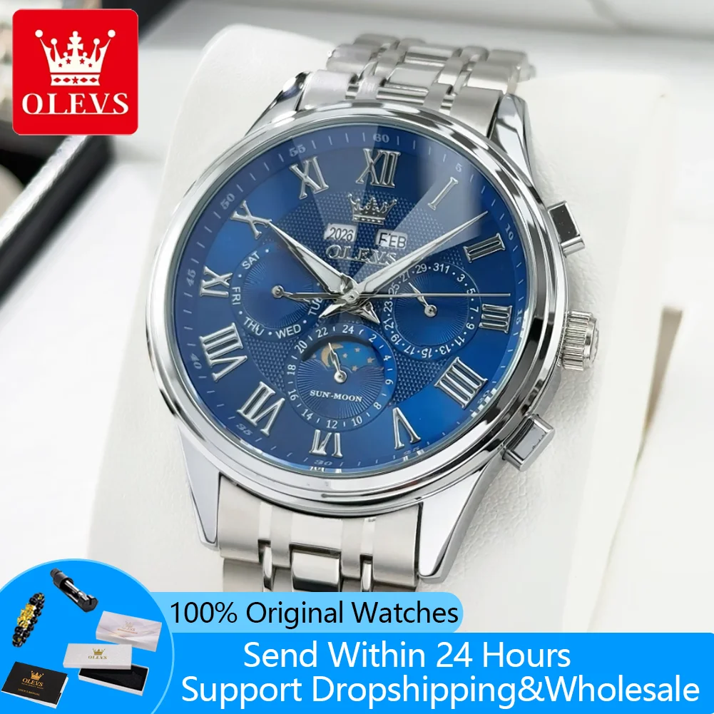 

OLEVS 7113 Автоматические часы для мужчин, роскошные зеркальные ромбические часы с вечным календарем, многофункциональные механические мужские часы со стальным ремешком
