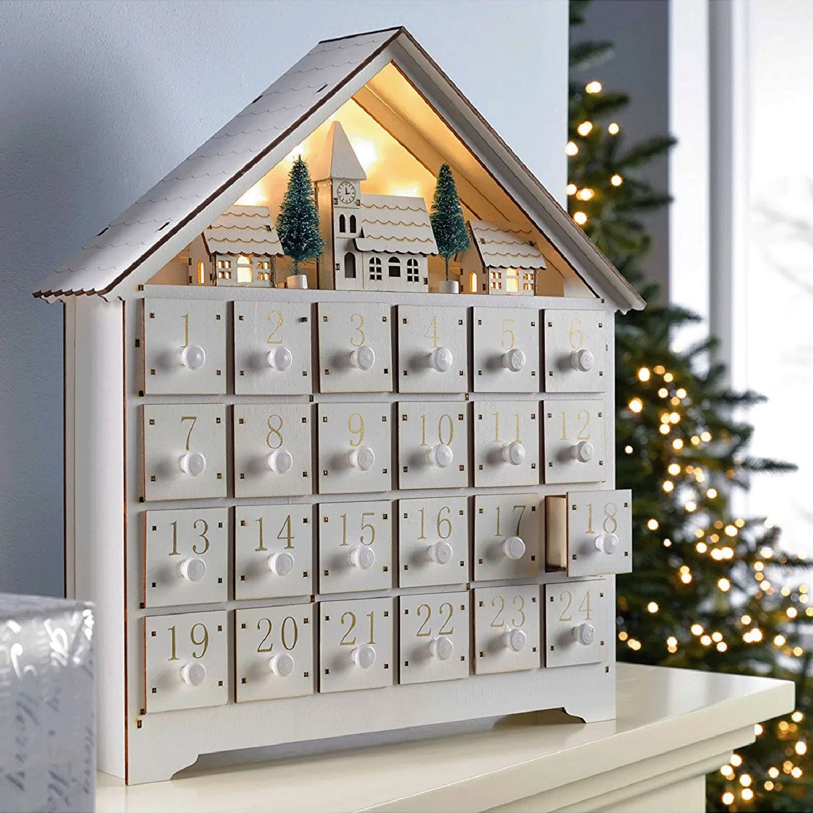 

2024 Wood Christmas Advent Calendars House LED Lights 24 Days Countdown Storage Organization Figurines Room Home Decor